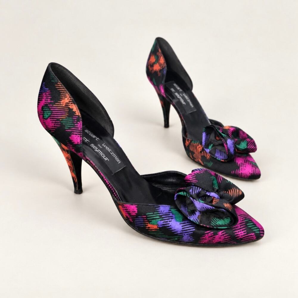 Vintage Stuart Weitzman for Mr. Seymour Heels Size 8.5 Black Neon Satin Pumps